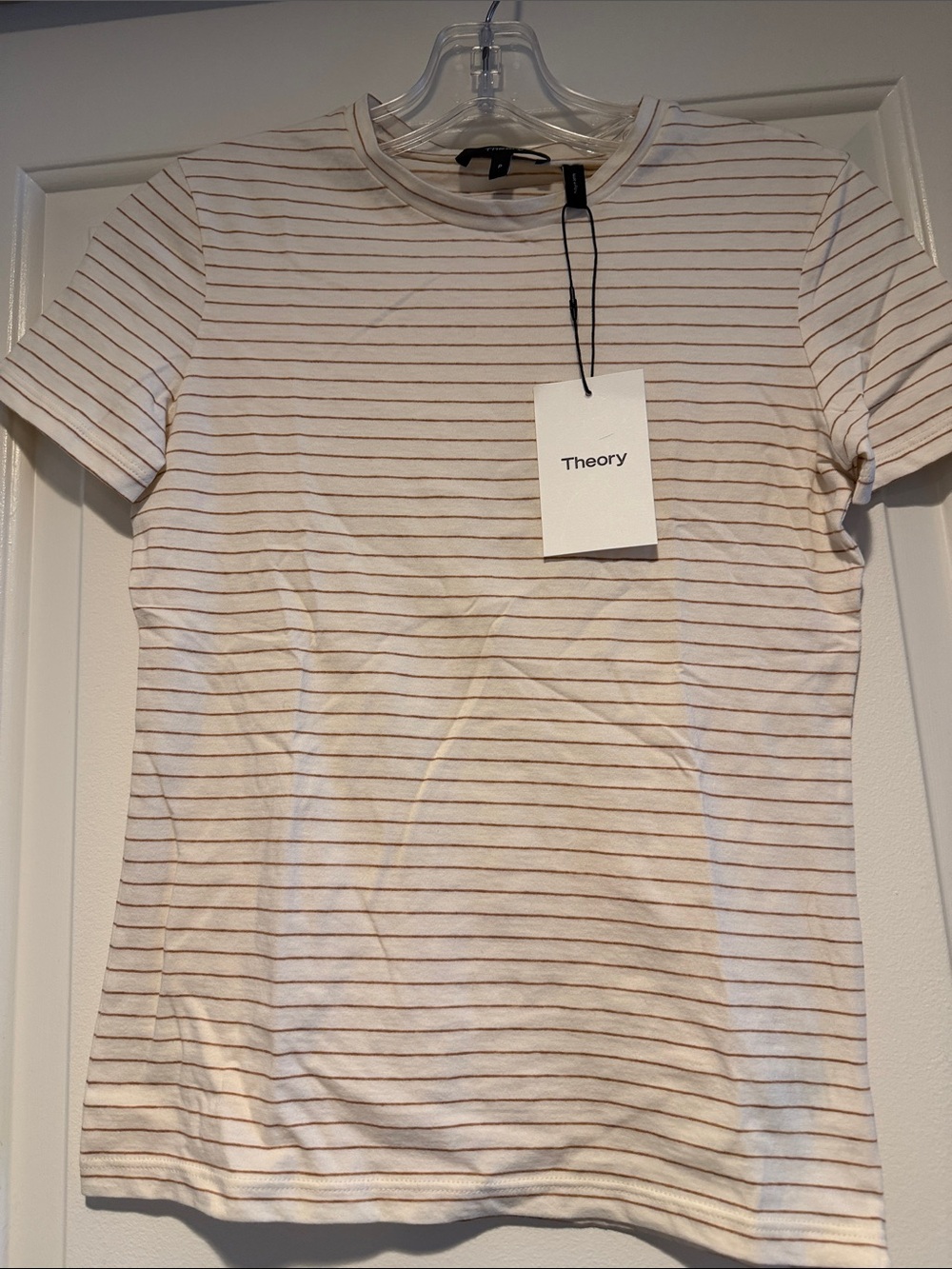 THEORY. Tiny tee cream and light brown stripes. Size p/xs. NWT
